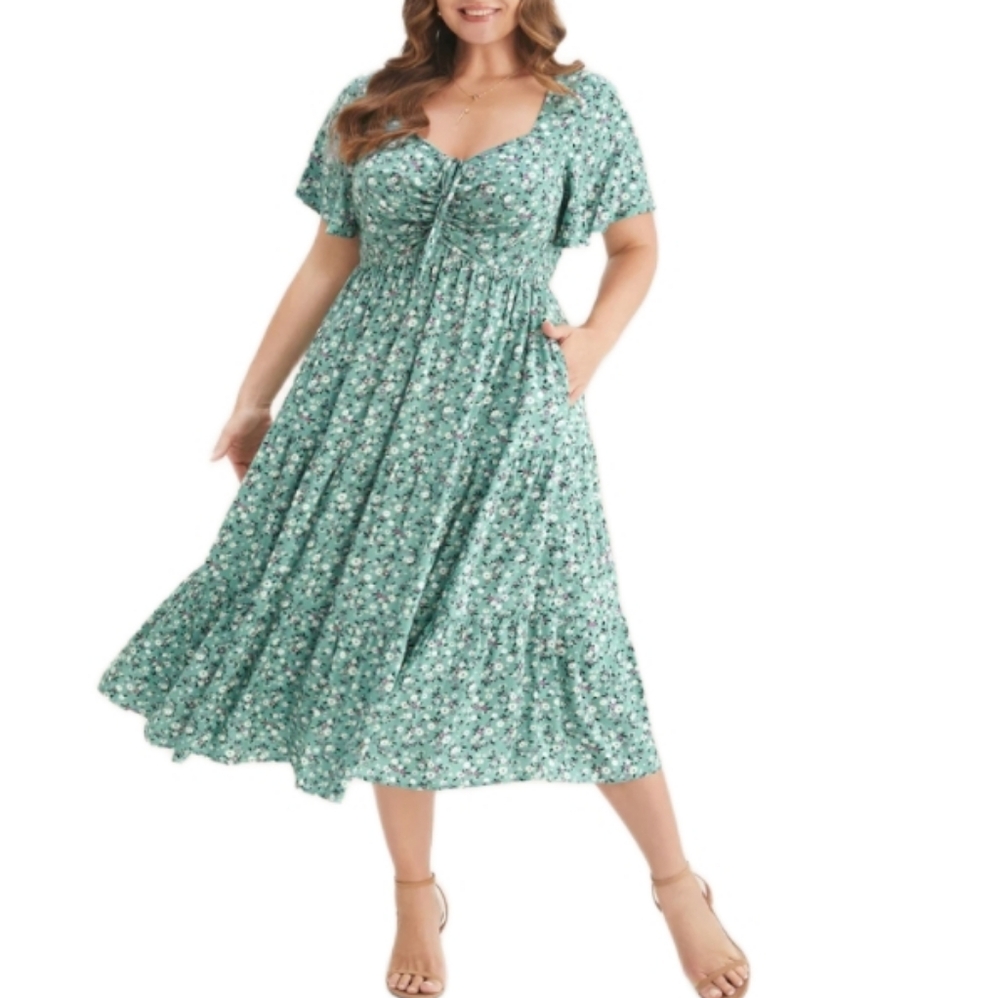 BloomChic Size 22-24 (3X) Ditsy Floral Drawstring Ruched Flutter Sleeve Dress